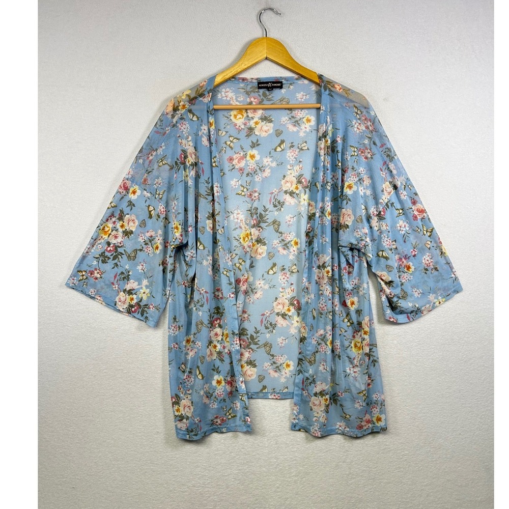 Almost Famous Kimono Womens Large Blue Floral Butterfly‎ Mesh Sheer Open Front